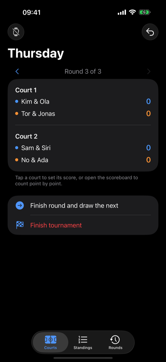 An americano tournament in Rekkert showing round three across two courts.