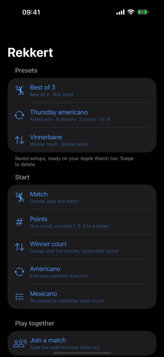Rekkert's home screen listing saved setups and the five ways to start a match.