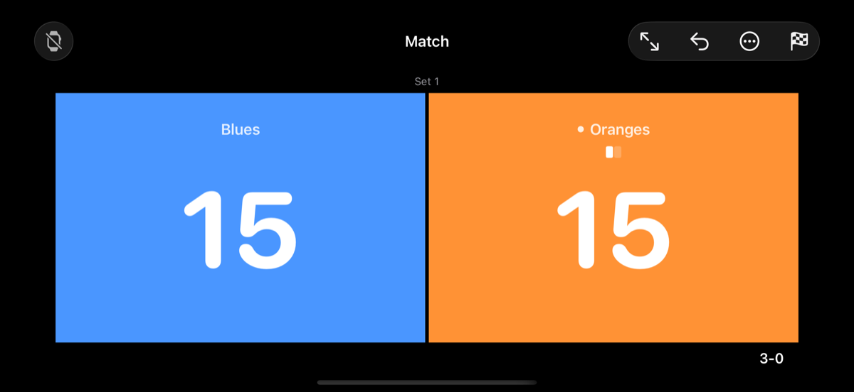 The Rekkert scoreboard on an iPhone, one team blue and the other orange, level at 15–15 in the first set.