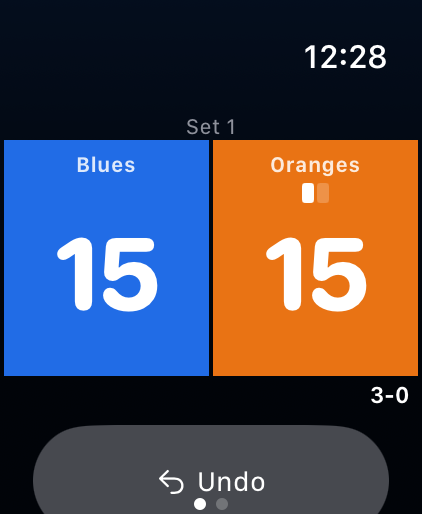 The Rekkert scoreboard on an Apple Watch, level at 15–15.